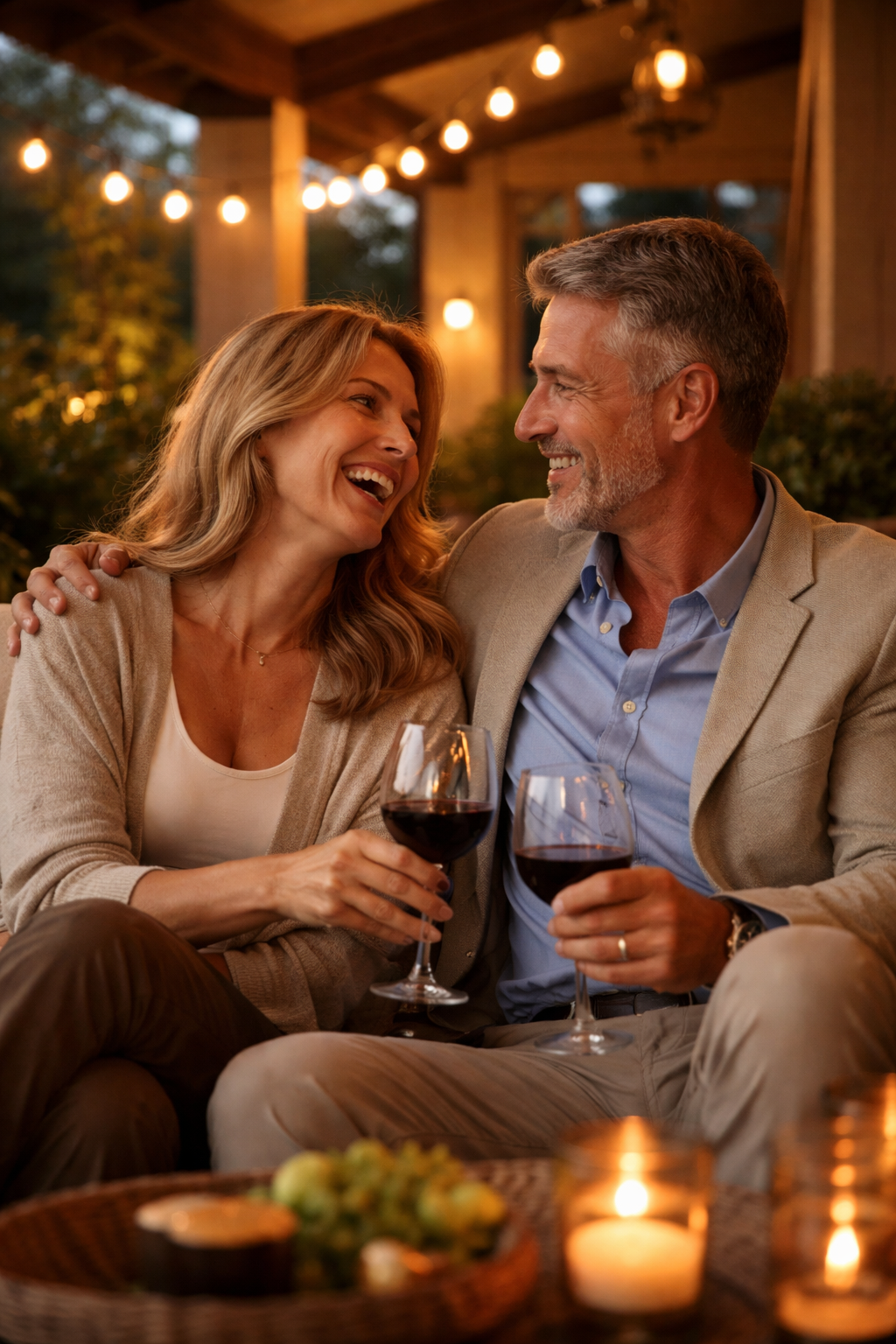 Happy couple enjoying wine together on their patio